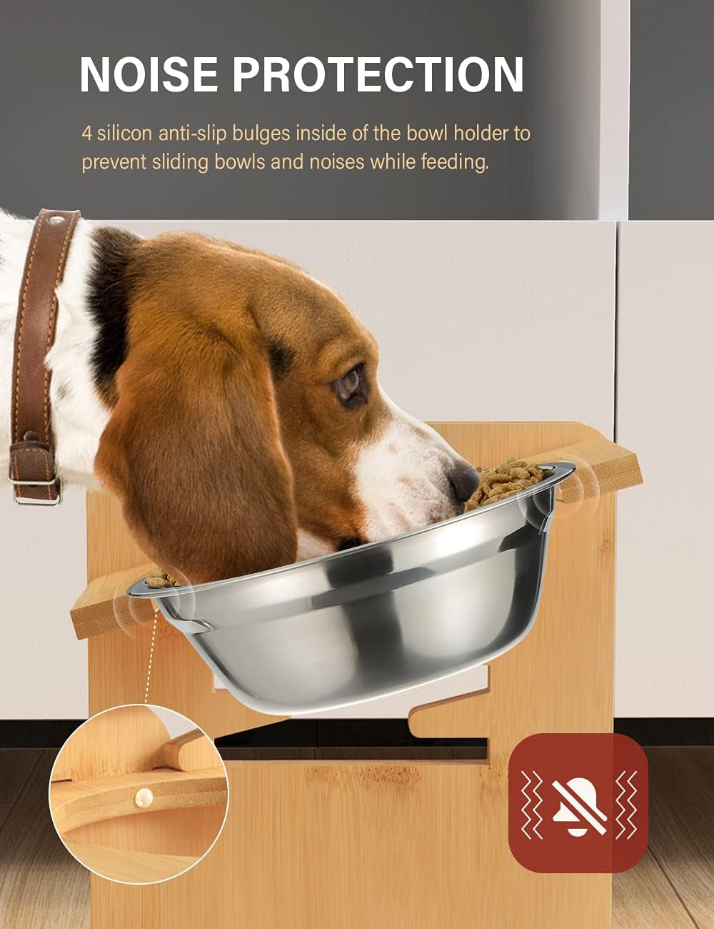 Elevated Dog Bowls for Small Dogs, Raised Dog Bowls with Stand, 6 Heights Adjustable Dog Bowls on Stands, Bamboo Dog Feeding Station with 2 Stainless Steel Bowls and Non-Slip Feet, 17Cm High