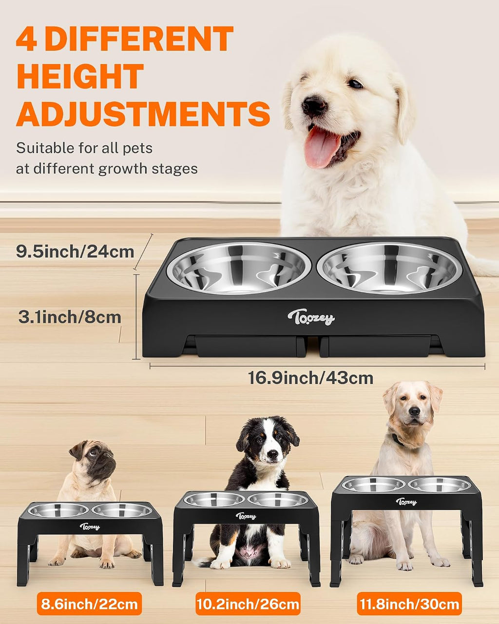 Raised Dog Bowl Height-Adjustable, Elevated Dog Bowls with 2X 1200Ml Stainless Steel Bowls, for Small Medium & Large Dogs, Non-Slip and No Spill, Black