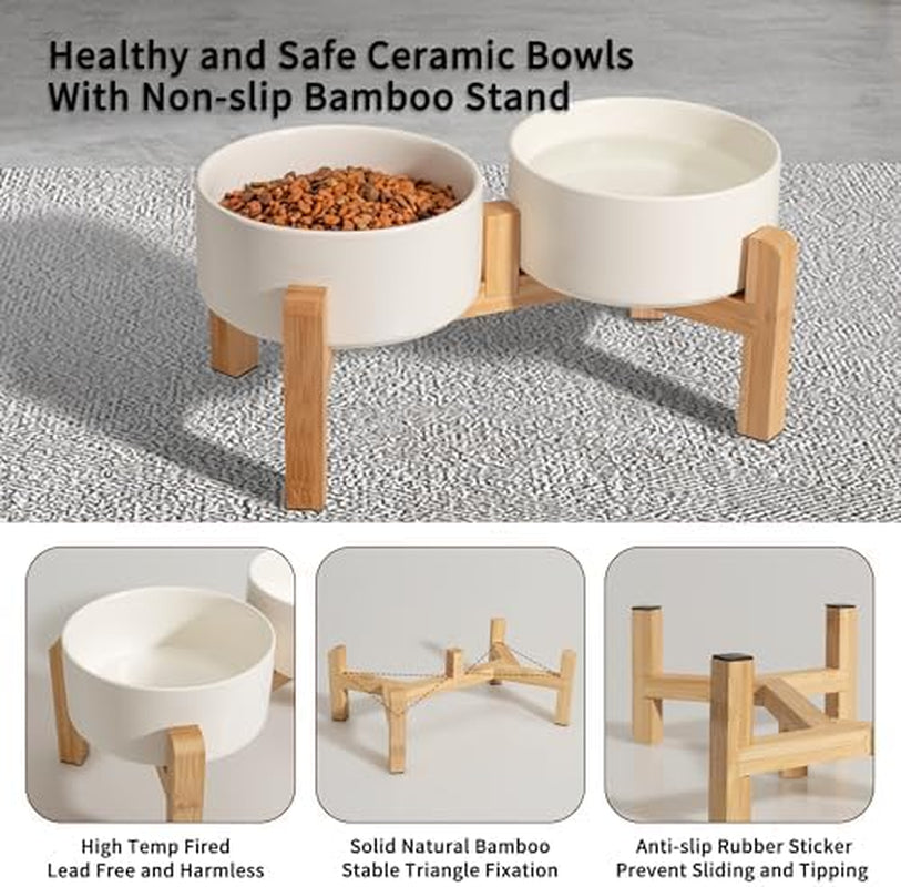Elevated Ceramic Dog Bowl Set - Raised Dog Bowls with Non-Slip Bamboo Stand - Dog Food and Water Bowl Set - Double Dog Feeding Bowls - Pet Dishes for Cats and Small Dogs - 16.23 OZ - 2 CUPS - 480 ML