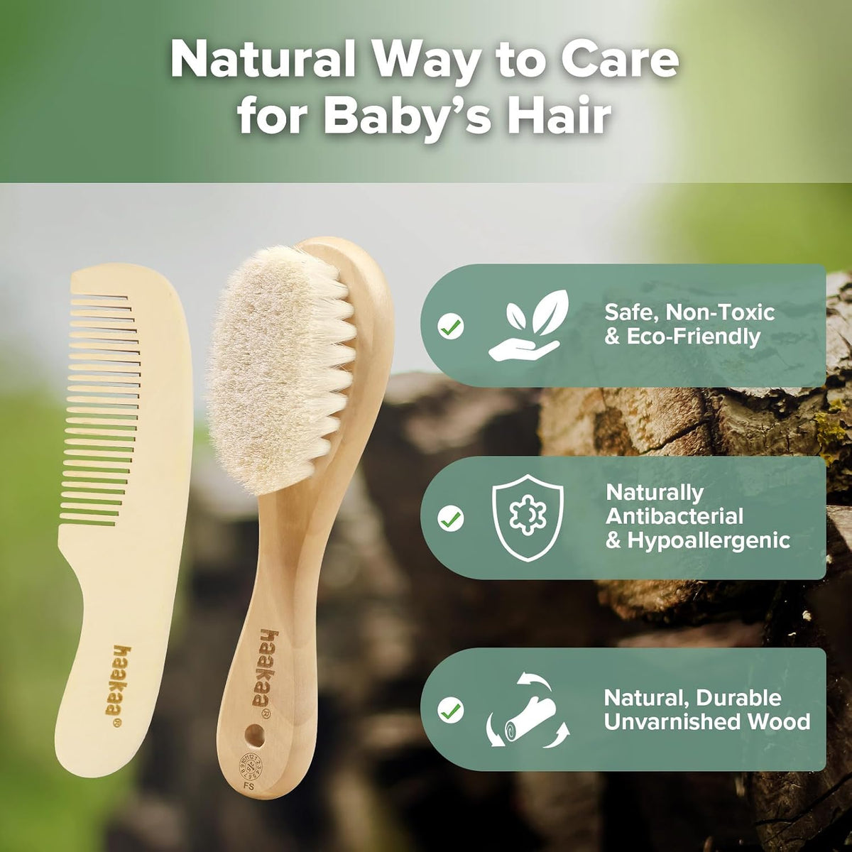 Baby Hair Brush and Comb Set for Newborns & Toddlers - Natural Soft Wool Bristles and Wooden Handle, Gently Grooms Baby'S Hair, Ideal for Cradle Cap, Perfect Baby Gift, 2Pk