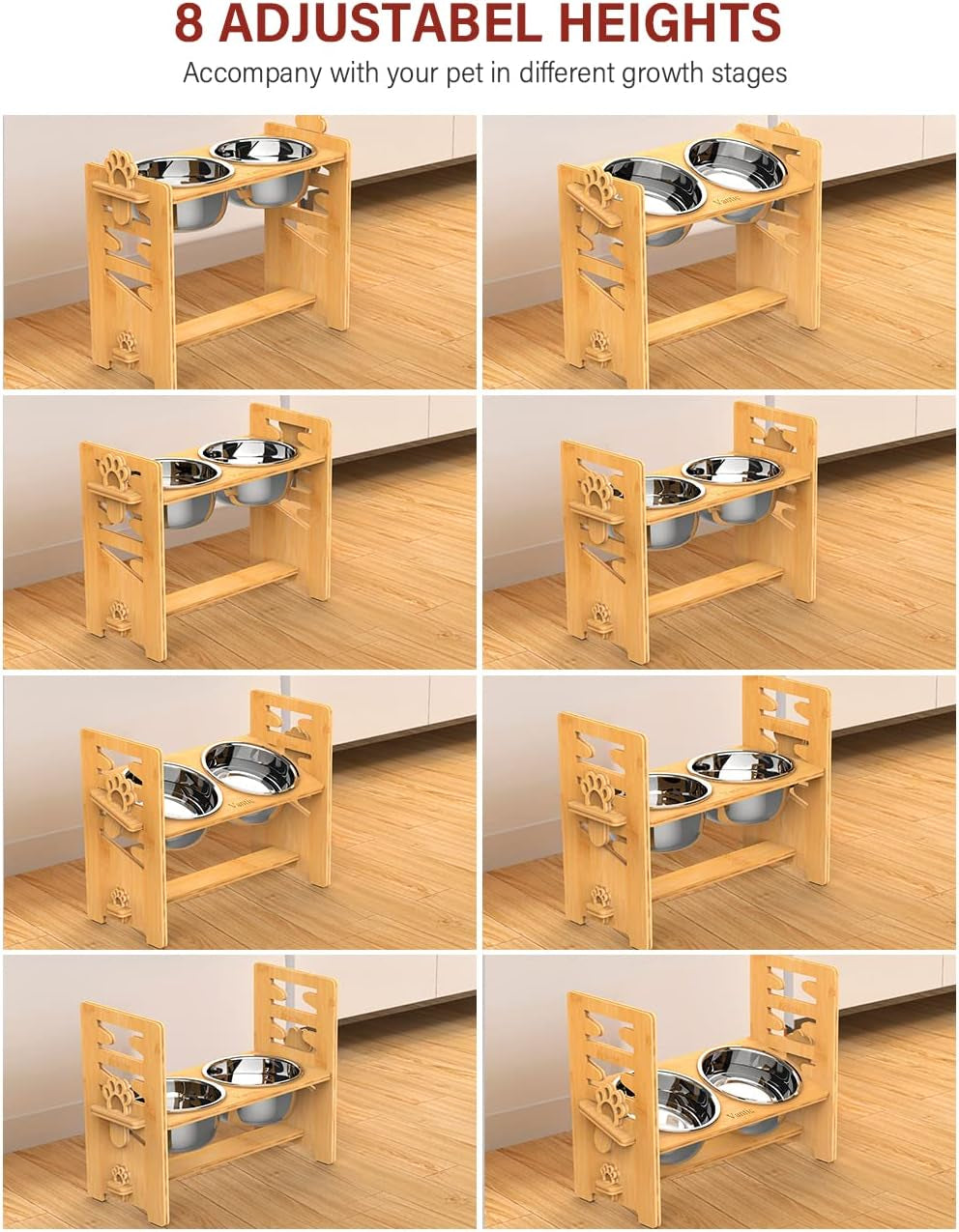 Raised Dog Bowls with Stand, Adjustable Bamboo Feeder, Large