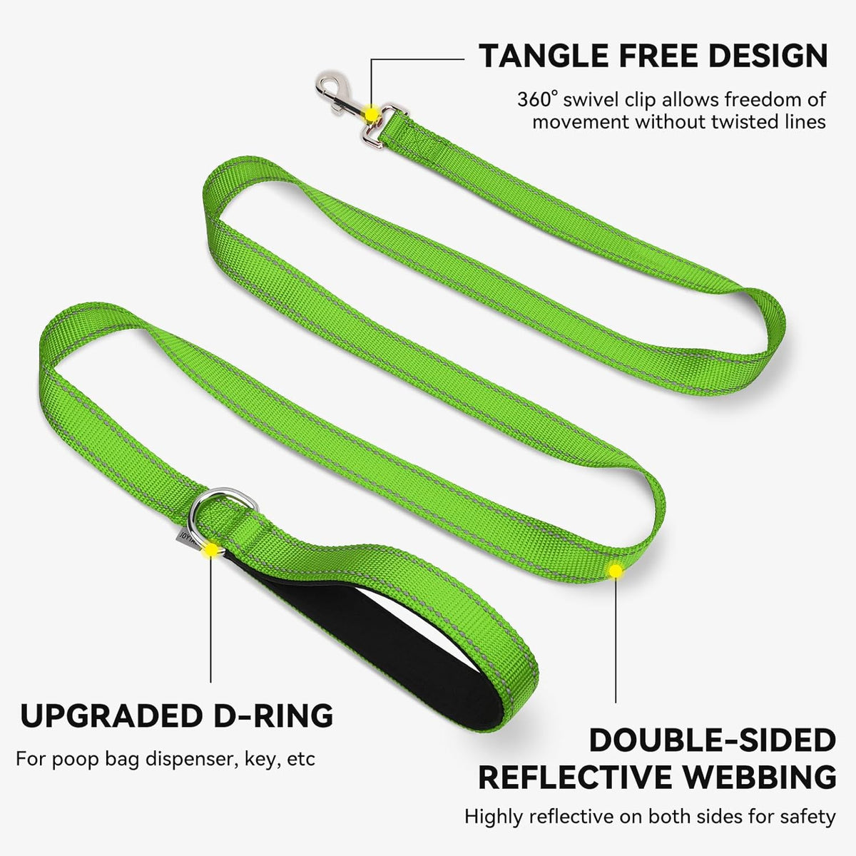 Double-Sided Reflective Dog Leash, 6 FT/5FT/4 FT, Padded Handle Nylon Dogs Leashes for Walking, Training Lead for Medium & Large Dogs, Green, 5FT