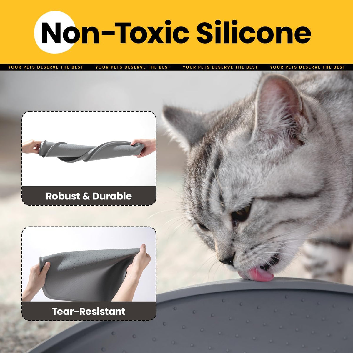 Cat Food Mat,1.2 Cm Raised Edges Dog Bowl Mat for Spill Containment, Bpa-Free Silicone Rubber, 100% Waterproof (Grey,81X51Cm)