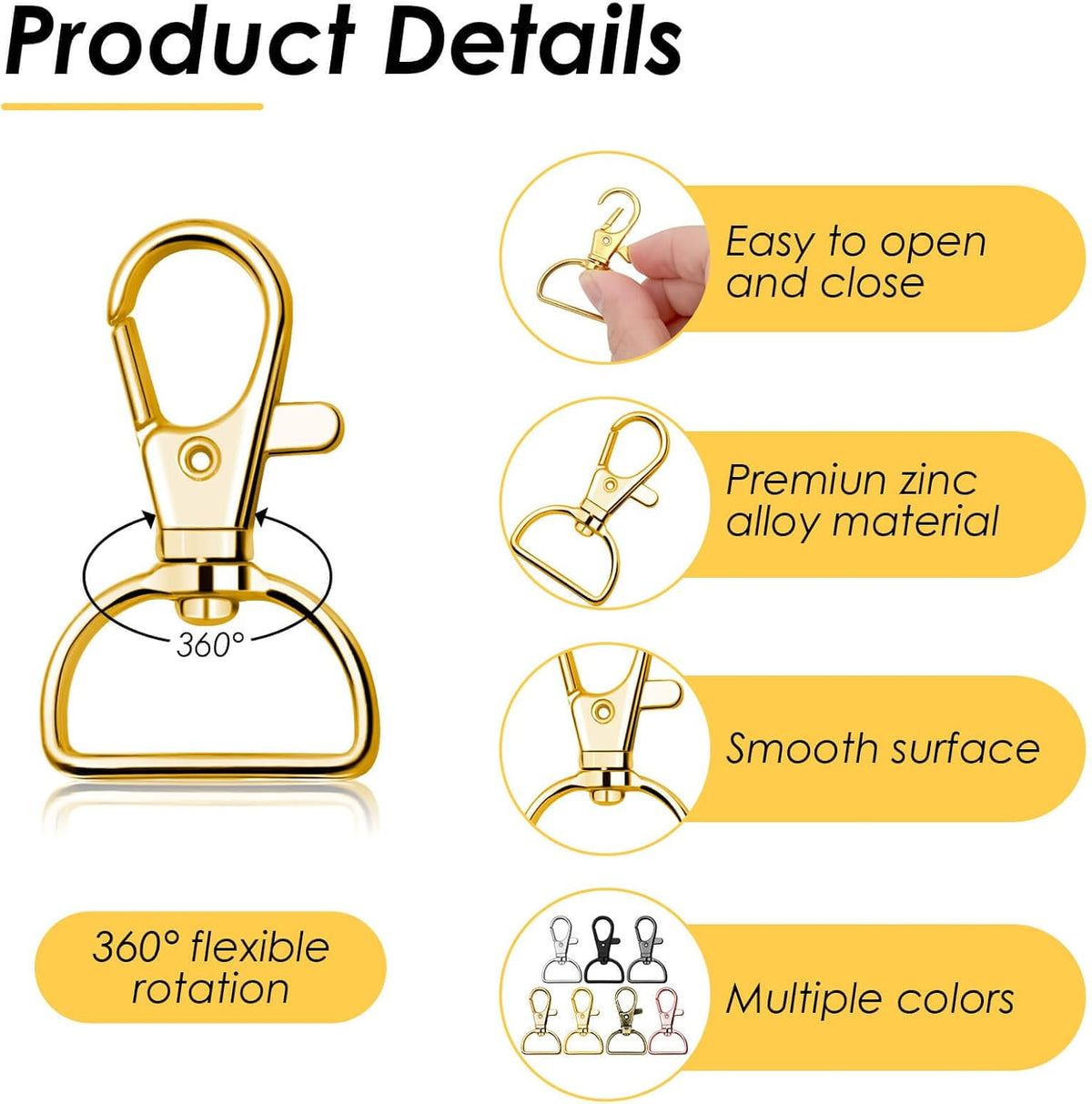 Swivel Clasp Hooks,  80Pcs Key Chain Clip Hooks, D Ring Clip Lanyard Hardware for Keychain Making, Lanyard Making, Purse Hardware, DIY Craft (1” inside Width)