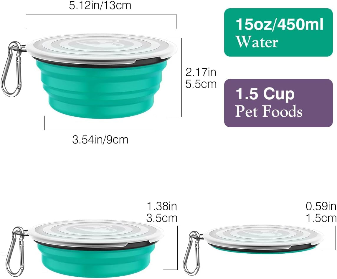 Collapsible Travel Dog Bowls 2 Pack with Lids & Carabiners Silicone