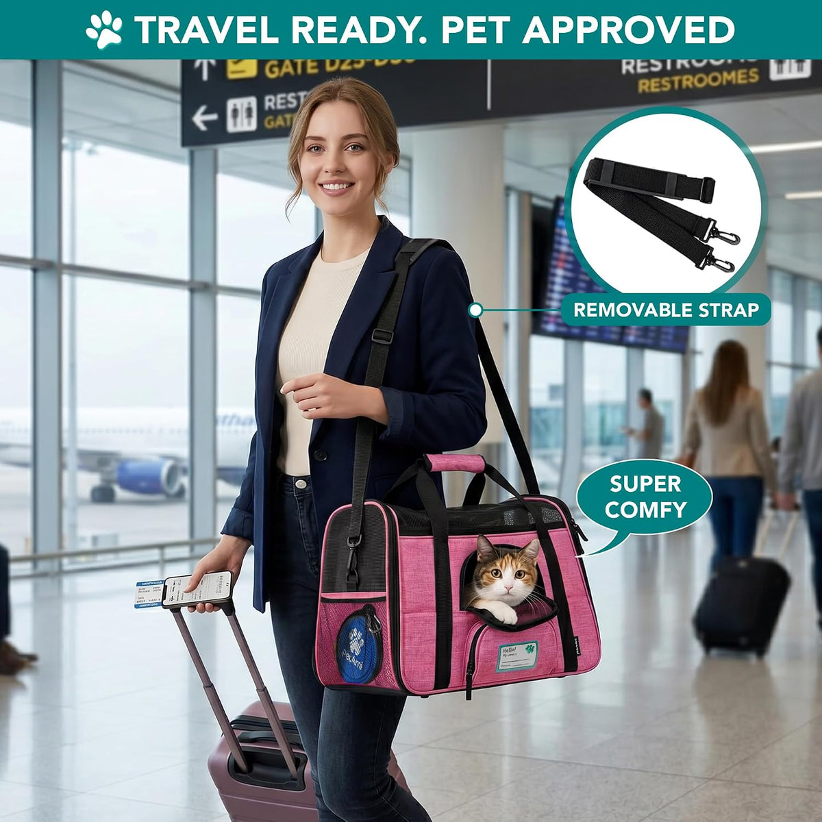 Airline Approved Pet Carrier for Cat, Soft Sided Dog Carrier for Small Dog, Cat Travel Supplies Accessories Indoor Cat, Ventilated Pet Carrying Bag Medium Large Kitten Puppy, Large Heather Pink