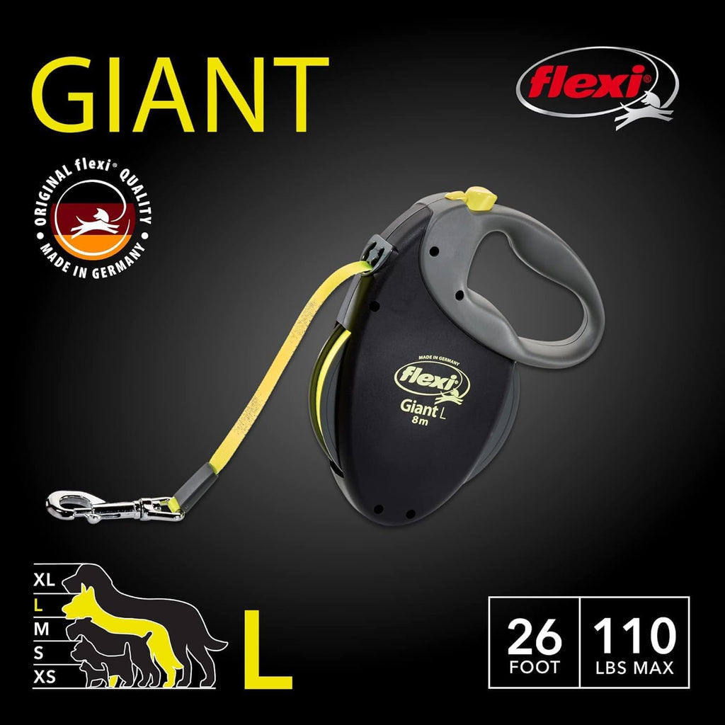 Flexi USA Giant Neon Retractable Dog Leash (Band), Ergonomic, Durable and Tangle-Free Pet Running Leash for Dogs up to 110 Lbs, 26 Feet, Large, Black