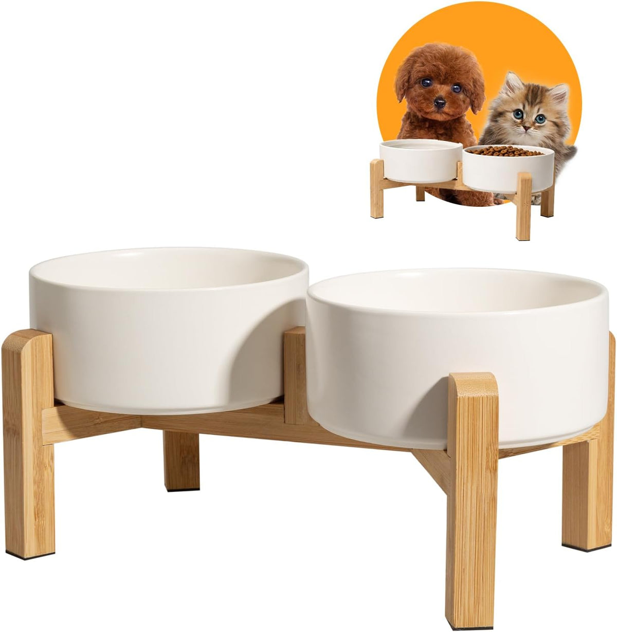 Elevated Ceramic Dog Bowl Set - Raised Dog Bowls with Non-Slip Bamboo Stand - Dog Food and Water Bowl Set - Double Dog Feeding Bowls - Pet Dishes for Cats and Small Dogs - 16.23 OZ - 2 CUPS - 480 ML