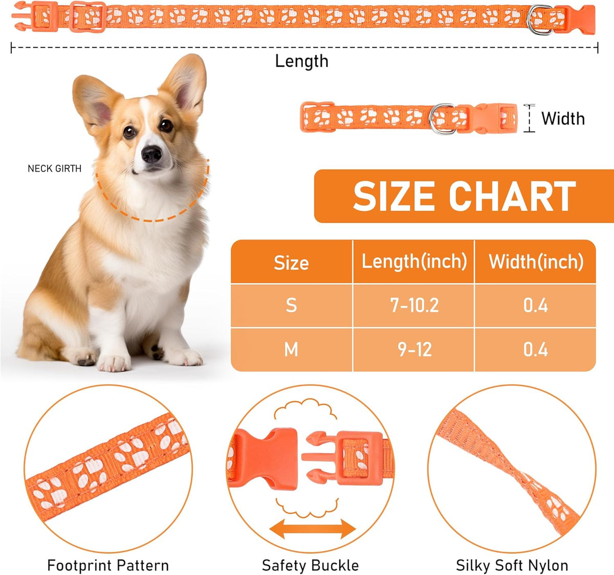 Puppy Whelping Collar Set, Soft Nylon Adjustable ID Bands with Paw Print Pattern, 12 Colors, Safety Buckle, Record Charts Included, S-M Sizes (M, Footprint)