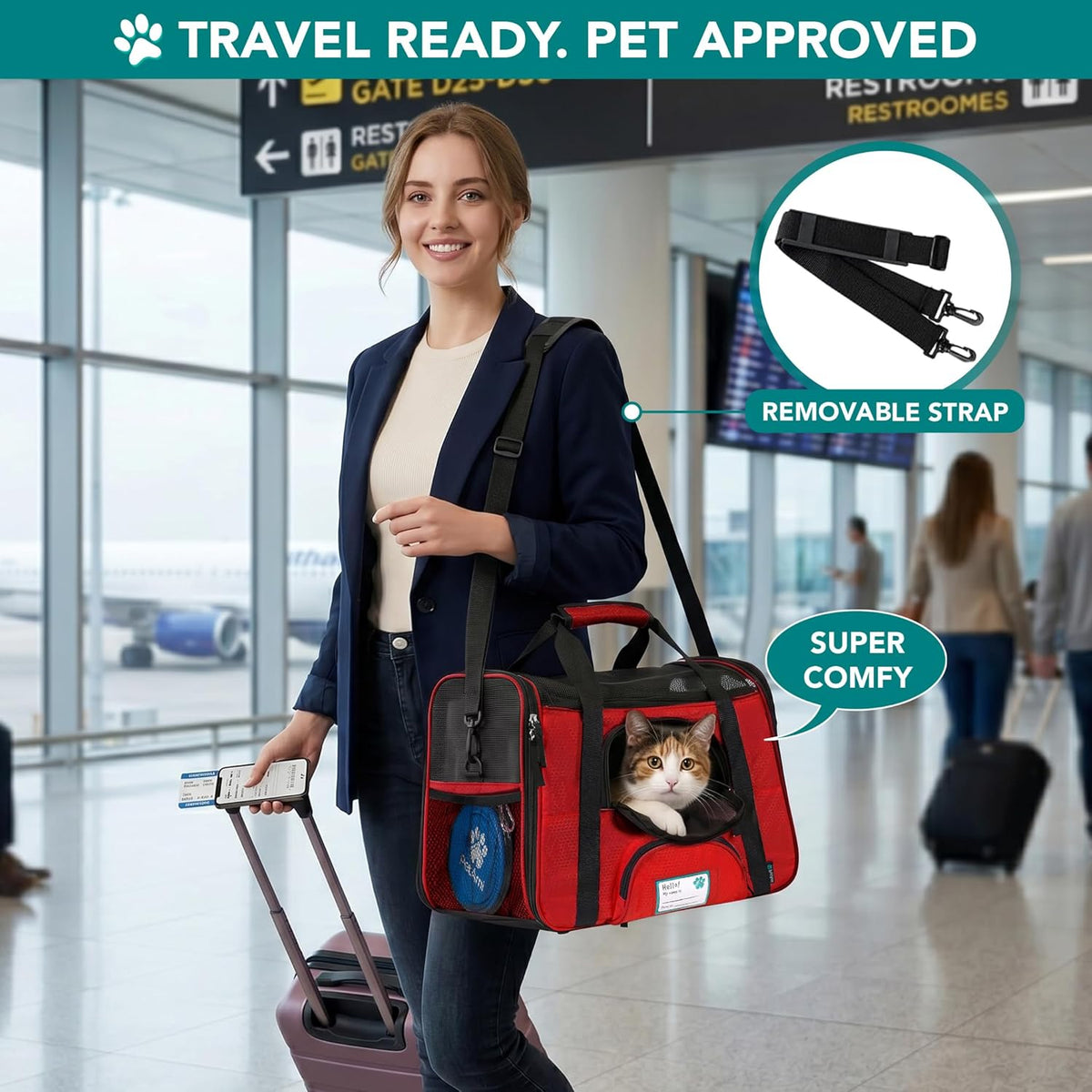 Airline Approved Pet Carrier for Cat, Soft Sided Dog Carrier for Small Dogs, Cat Travel Supplies Accessories for Indoor Cats, Ventilated Pet Carrying Bag Medium Large Kitten Puppy, Large Red