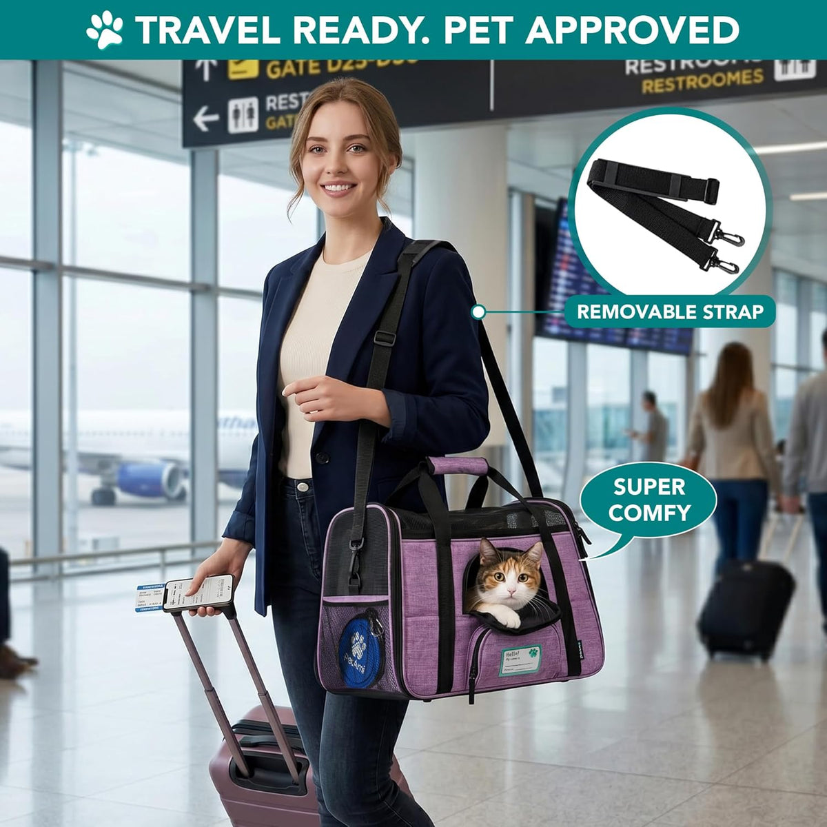 Airline Approved Pet Carrier for Cat, Soft Sided Dog Carrier for Small Dog, Cat Travel Supply Accessories Indoor Cat, Ventilated Pet Carrying Bag Medium Large Kitten Puppy, Small Heather Purple
