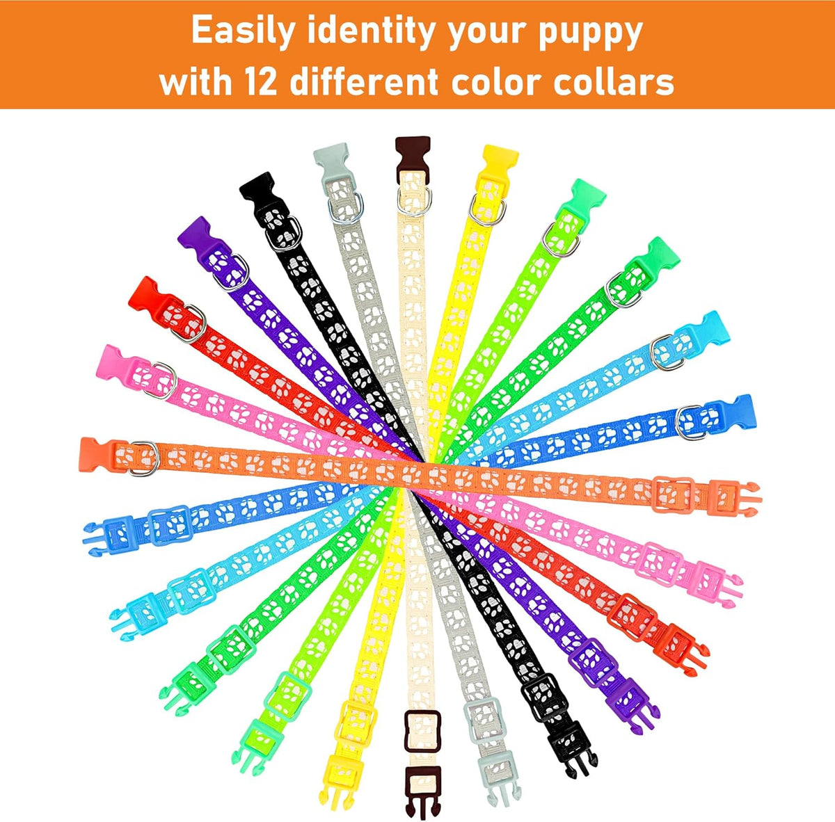 Puppy Whelping Collar Set, Soft Nylon Adjustable ID Bands with Paw Print Pattern, 12 Colors, Safety Buckle, Record Charts Included, S-M Sizes (M, Footprint)