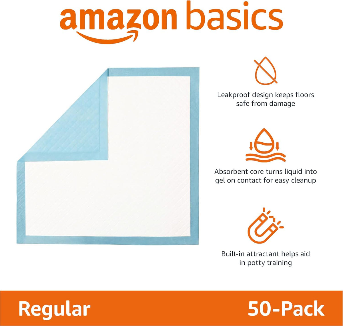 Heavy Duty Dog and Puppy Training Pads, Leakproof with Quick-Dry Surface, Regular, Pack of 50, Blue & White