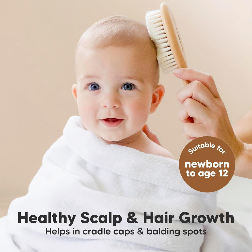 Baby Hair Brush and Comb Set for Newborn - Wooden with Soft Goat Bristle, Newborns Girl, Boy, Toddler Cradle Cap (Oval, Walnut)