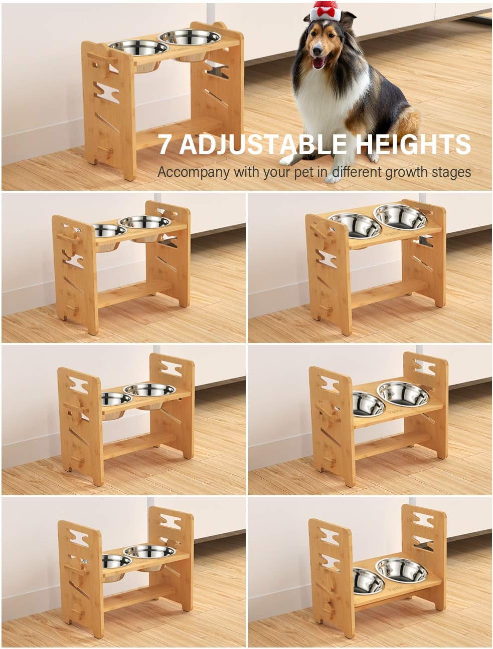 Raised Dog Bowls with Stand, Adjustable Bamboo Feeder, Medium