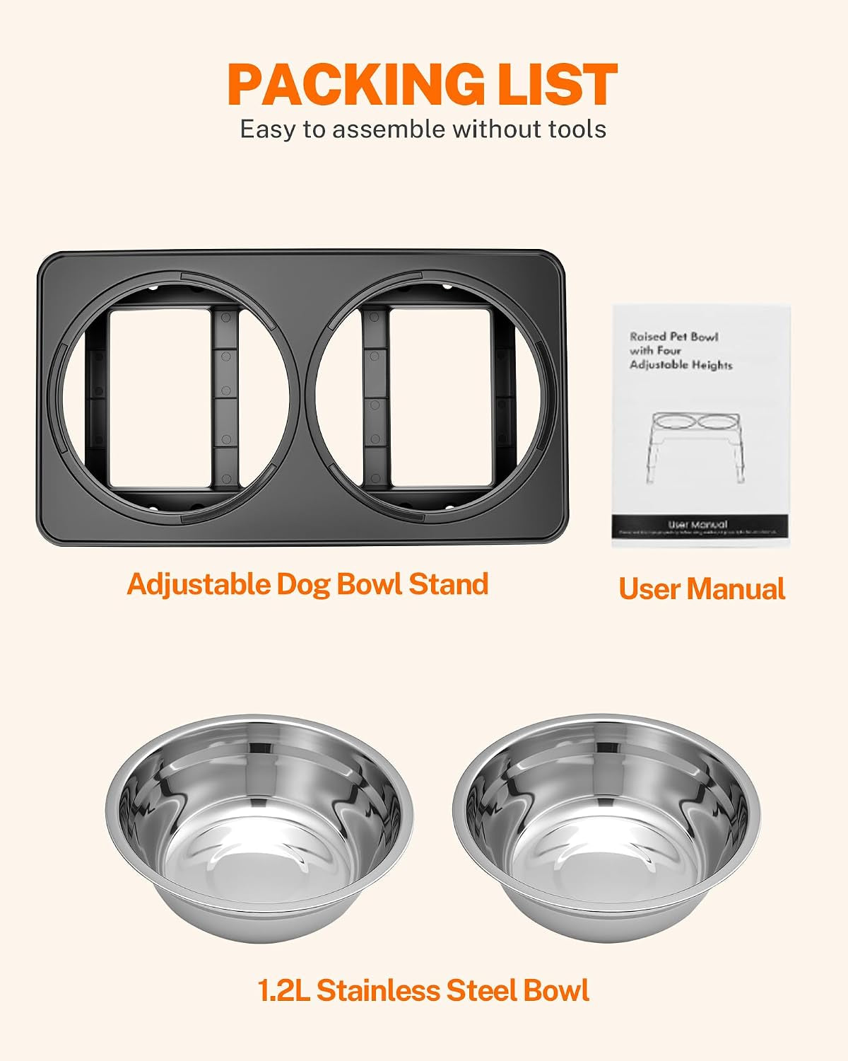 Raised Dog Bowl Height-Adjustable, Elevated Dog Bowls with 2X 1200Ml Stainless Steel Bowls, for Small Medium & Large Dogs, Non-Slip and No Spill, Black