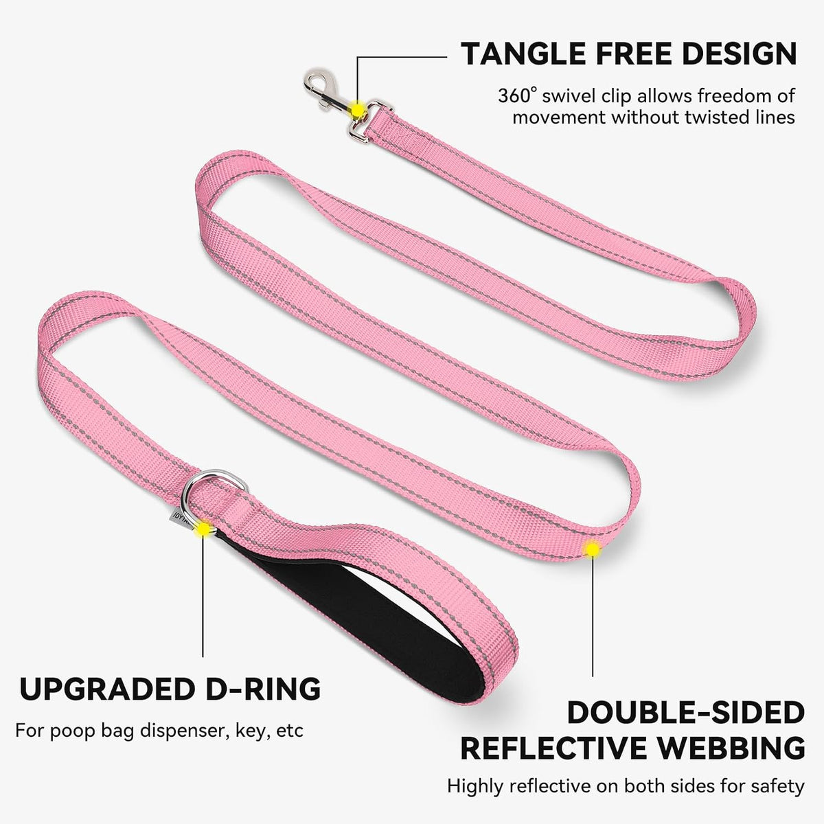 Padded Handle Dog Lead for Medium & Large Dogs, 1.8M X 2.5Cm, Pink