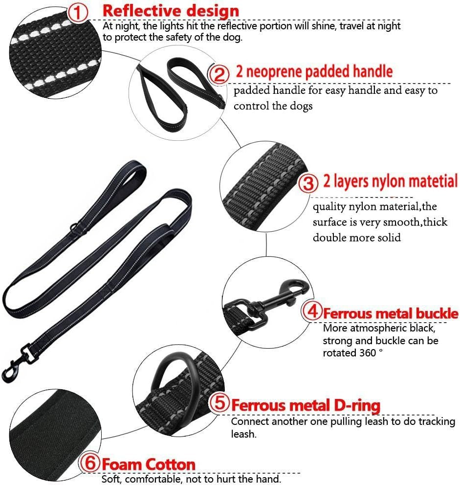 Large Dog Leash, 1.5M Double Handles No Pull Heavy Duty Strong Nylon Dog Leash. Dog Training Large Medium Duty Rope Walking&Training, Reflective Design
