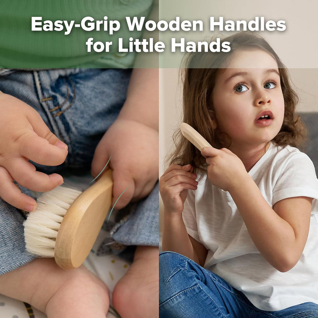 Baby Hair Brush and Comb Set for Newborns & Toddlers - Natural Soft Wool Bristles and Wooden Handle, Gently Grooms Baby'S Hair, Ideal for Cradle Cap, Perfect Baby Gift, 2Pk