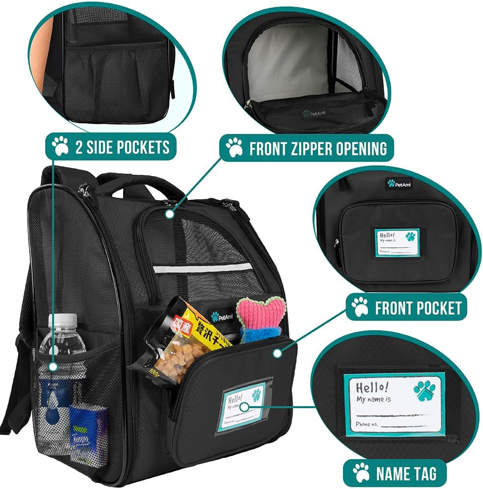 Dog Backpack Carrier for Small Large Cat, Pet, Puppies, Ventilated Pet Hiking Backpack Travel Bag, Airline Approved Cat Backpack Carrier, Safety Back Support, Camping Biking Dog Bag, Black