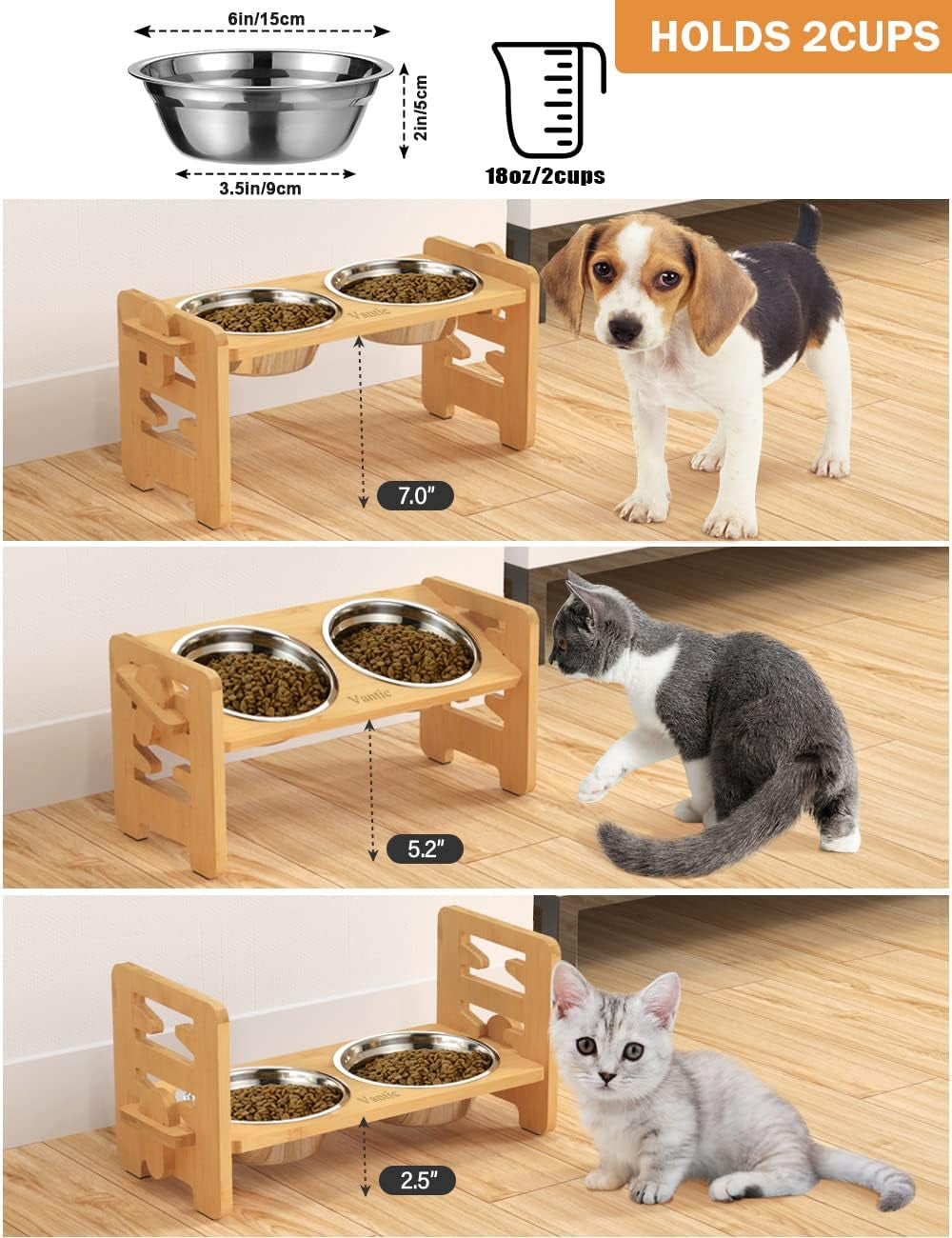 Elevated Dog Bowls for Small Dogs, Raised Dog Bowls with Stand, 6 Heights Adjustable Dog Bowls on Stands, Bamboo Dog Feeding Station with 2 Stainless Steel Bowls and Non-Slip Feet, 17Cm High