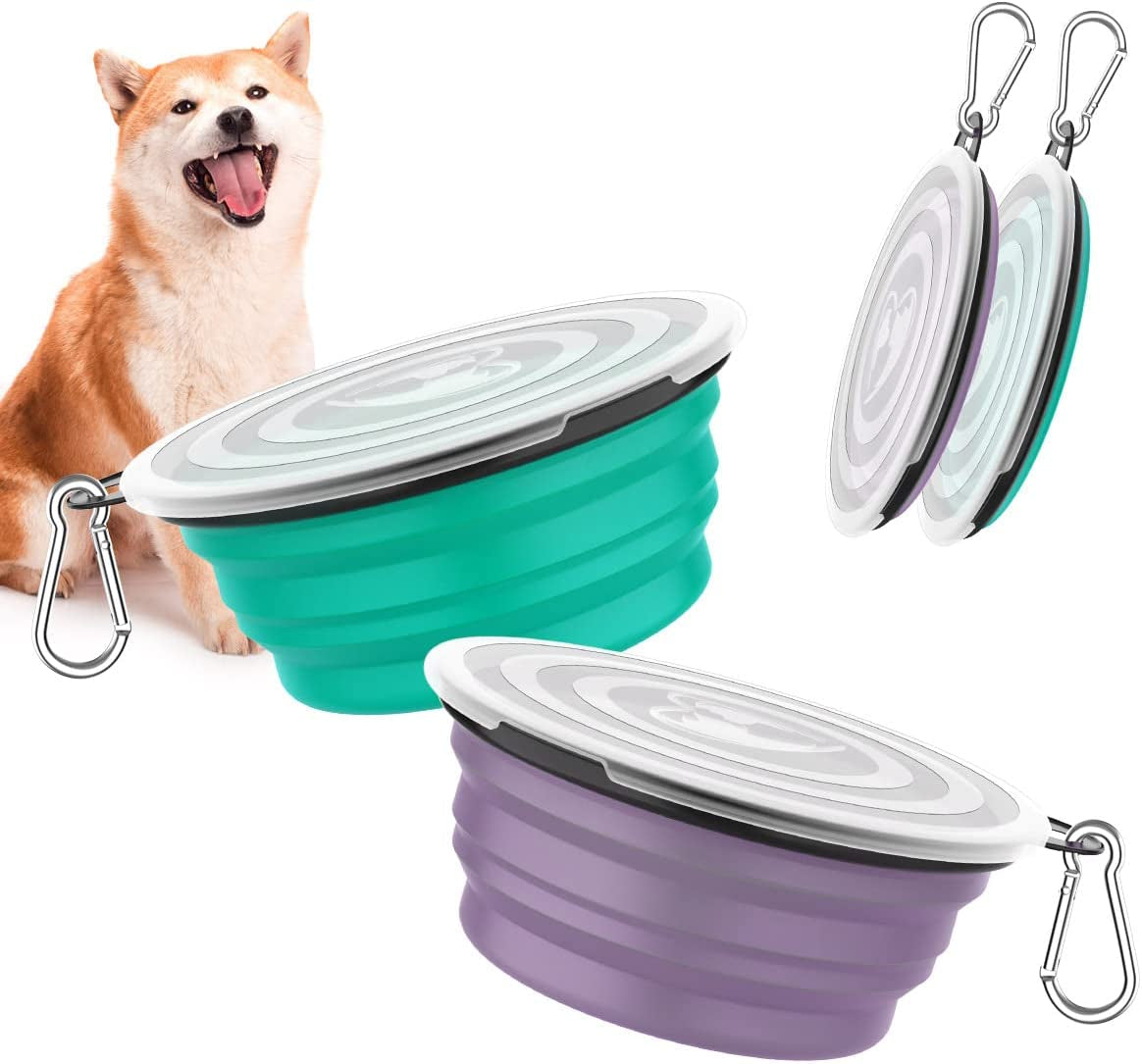 Collapsible Travel Dog Bowls 2 Pack with Lids & Carabiners Silicone