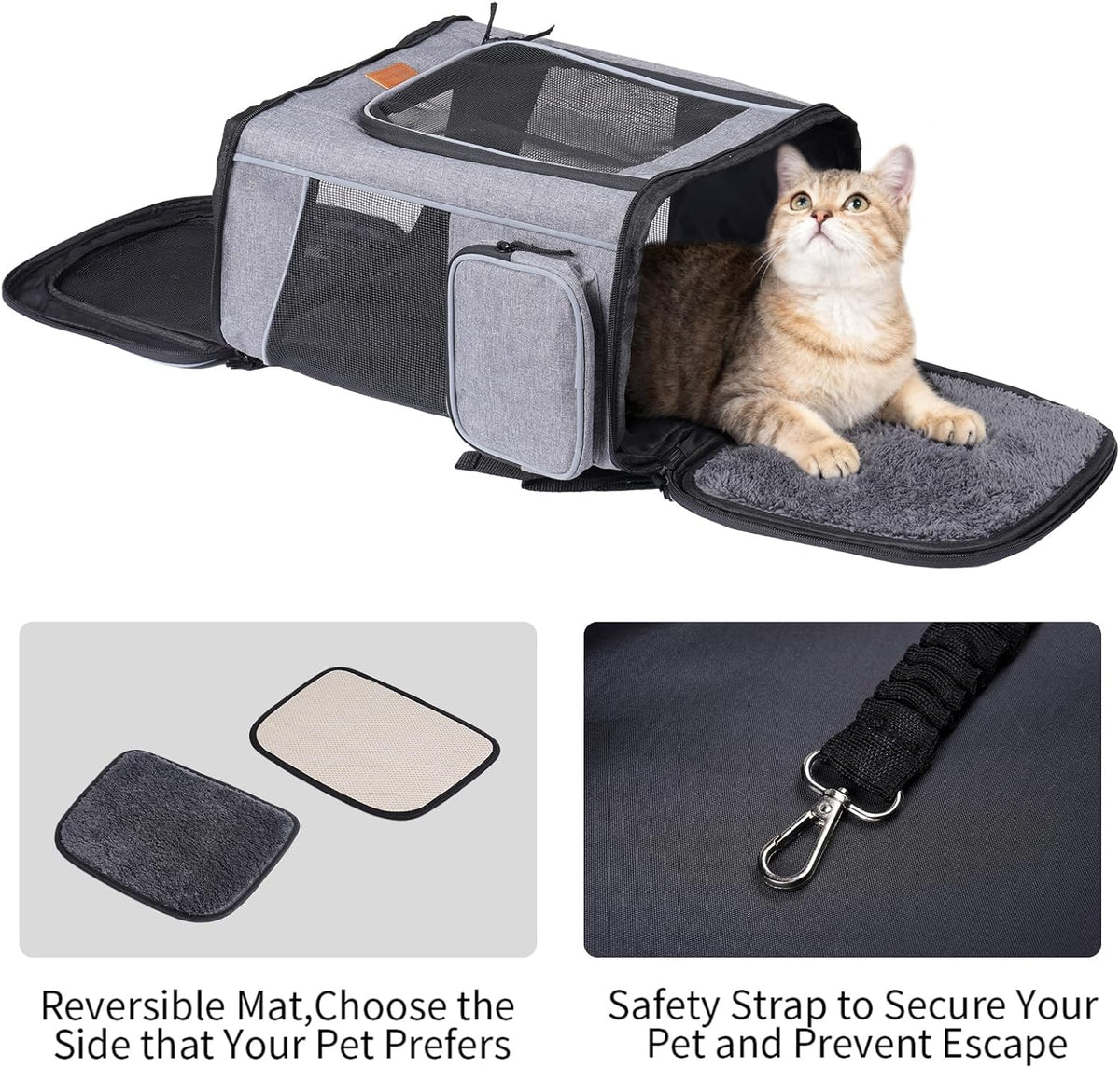 Cat Backpack Dog Backpack for Cats and Small Dogs 7 Kg, Foldable Pet Backpack with Inner Safety Lead and Shell Lightgrey