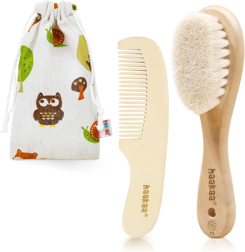 Baby Hair Brush and Comb Set for Newborns & Toddlers - Natural Soft Wool Bristles and Wooden Handle, Gently Grooms Baby'S Hair, Ideal for Cradle Cap, Perfect Baby Gift, 2Pk