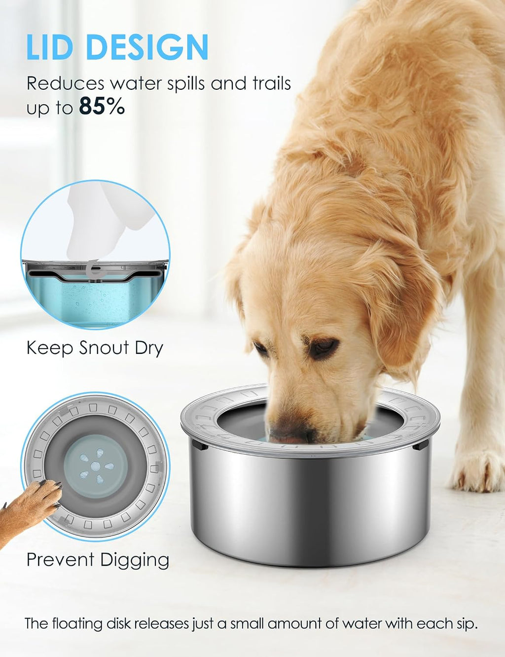 7L Large Dog Water Bowl No Spill,【Anti Digging Lid & Rubber Bottom】Spill Proof Dog Bowl, anti Splash Mess Dripless Slow Drinking Stainless Steel Water for Sloppy Messy Drinkers Car