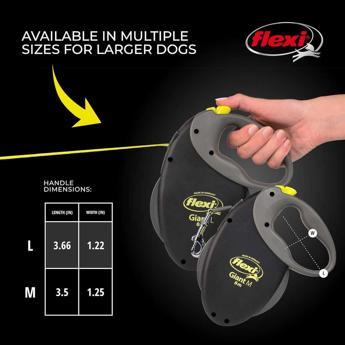 Flexi USA Giant Neon Retractable Dog Leash (Band), Ergonomic, Durable and Tangle-Free Pet Running Leash for Dogs up to 110 Lbs, 26 Feet, Large, Black
