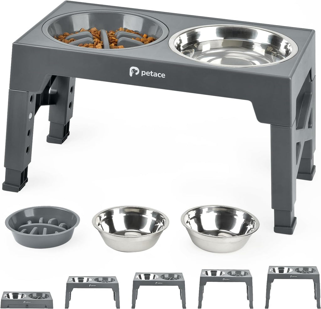 Raised Dog Bowl, 5 Adjustable Heights, 2 Stainless Bowls, Grey