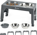 Raised Dog Bowl, 5 Adjustable Heights, 2 Stainless Bowls, Grey