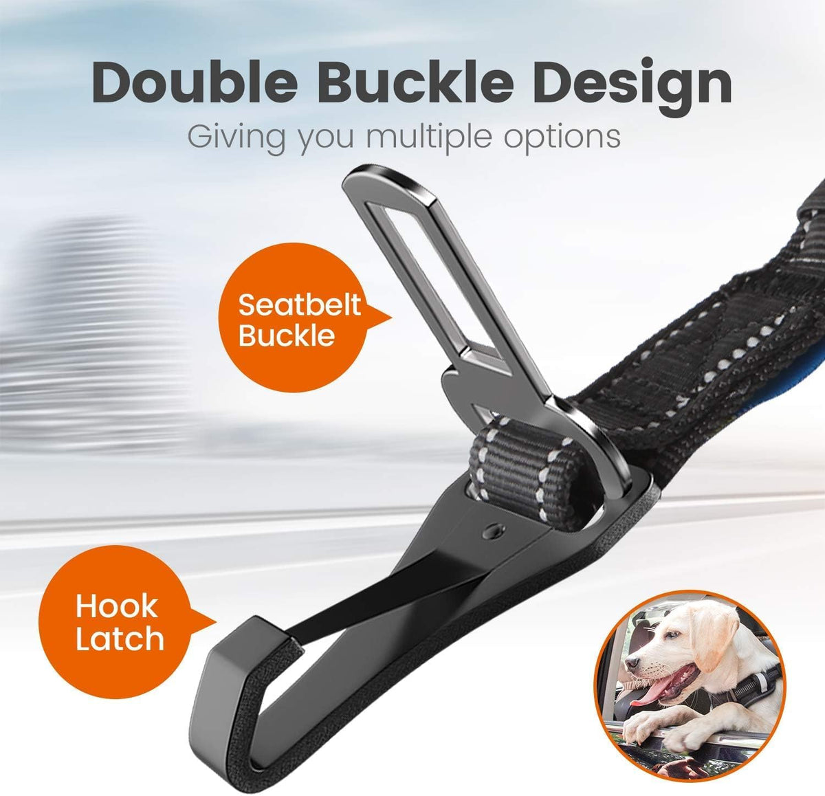Dog Seatbelt, Aviation Aluminum Carabiner Nylon Dog Seat Belt, Adjustable Dog Car Harness, Pet Safety Belt with Hook Latch & Seatbelt Buckle