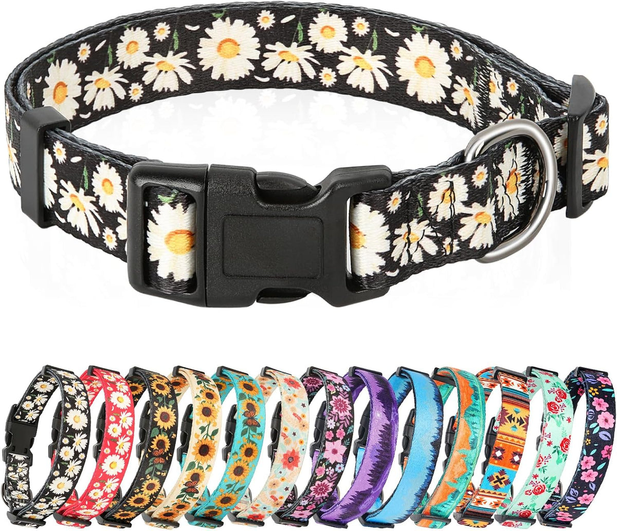 Dog Collar Small Dog Collar Multi-Colour Patterned Soft Comfy Dog Pet Collars Easy Adjustable Collar for Small Dogs Indoor Outdoor Activities, Daisy Black, S