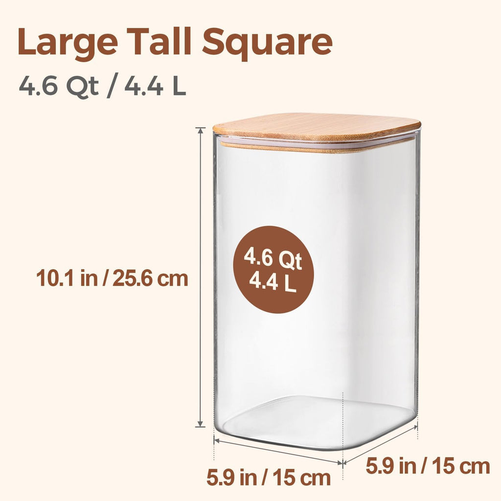 4.4L Flour Storage Containers, Large Glass Jars with Lids, Square
