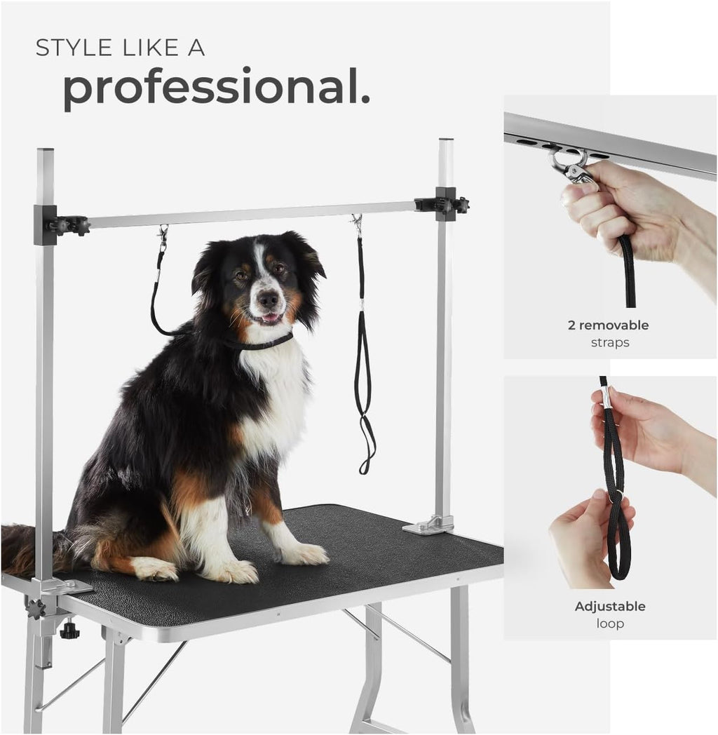 ® Dog Grooming Table with Height-Adjustable Grooming Arm & 2 Rotatable Leashes, Foldable Pet Grooming Table with Non-Slip Surface, Sturdy Frame & 60Kg Load Capacity for Dogs & Cats - Black/Grey
