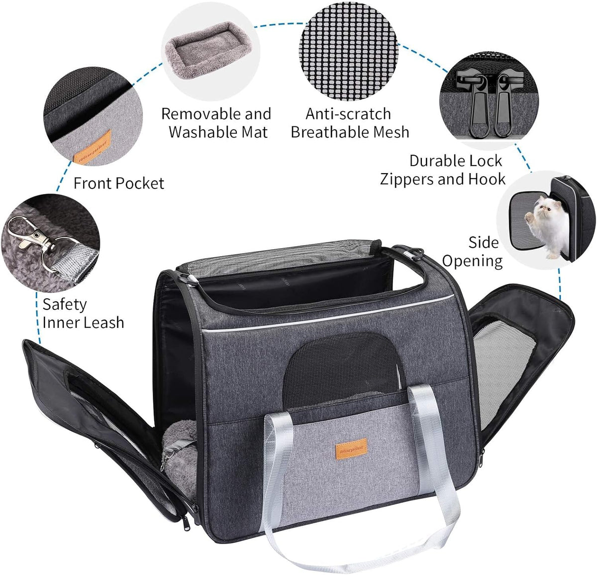 Pet Carrier Bag, Portable Cat Carrier Bag Top Opening with Breathable Mesh, Foldable Pet Transport Bag for Dogs and Cats up to 9Kg, with Shoulder Strap and Bowl