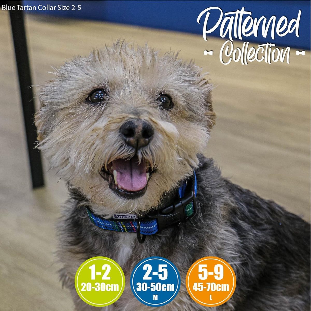 Dog Collar - Blue Tartan Design - Super Soft Printed Polyester Adjustable Collar with High Quality Fixings - 30-50Cm
