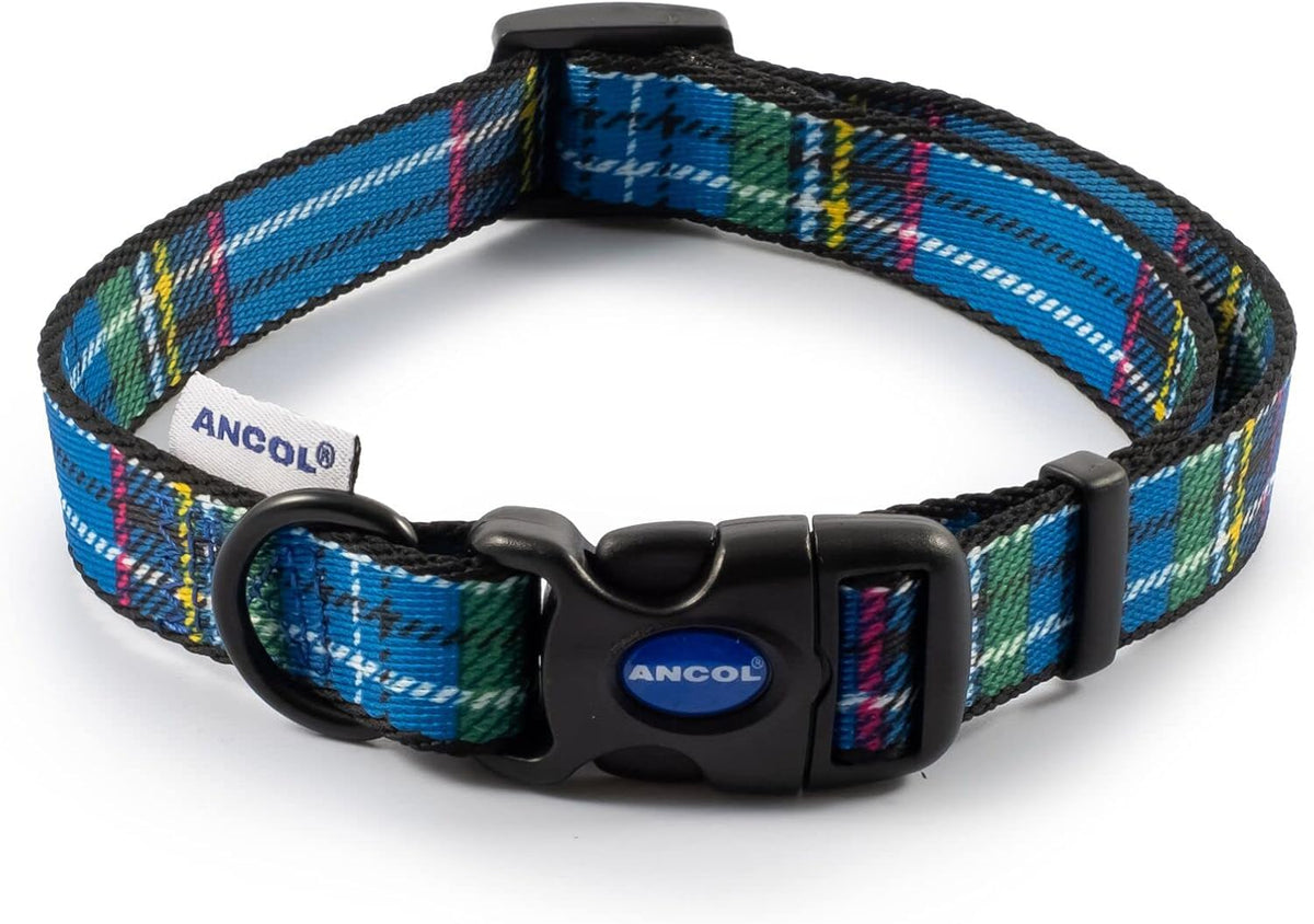 Dog Collar - Blue Tartan Design - Super Soft Printed Polyester Adjustable Collar with High Quality Fixings - 30-50Cm