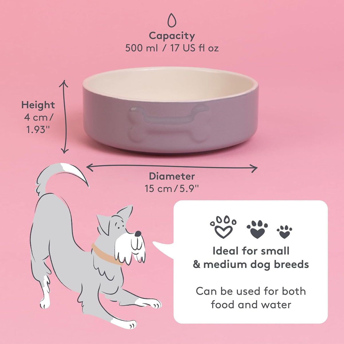 Colour Mix Grey Dog Bowl 15Cm |500Cml Capacity |Stoneware Pet Bowl for Food & Water | Dishwasher, Freezer & Microwave Safe