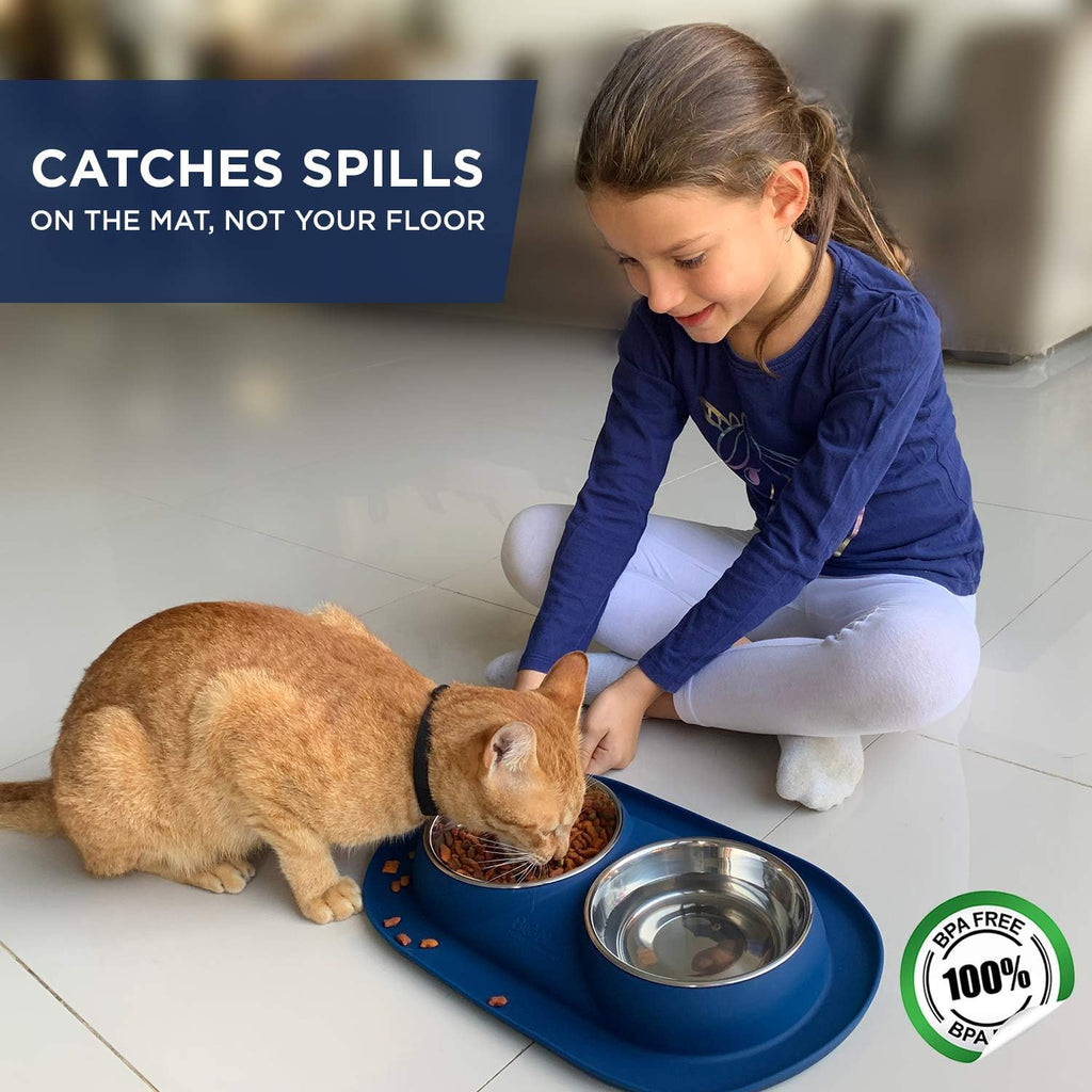 Double Cat Bowls Feeding Station, 400Ml Premium Stainless Steel Dog and Cat Food or Water Bowls with Non-Spill Silicone Base, for Small Dogs and Cats